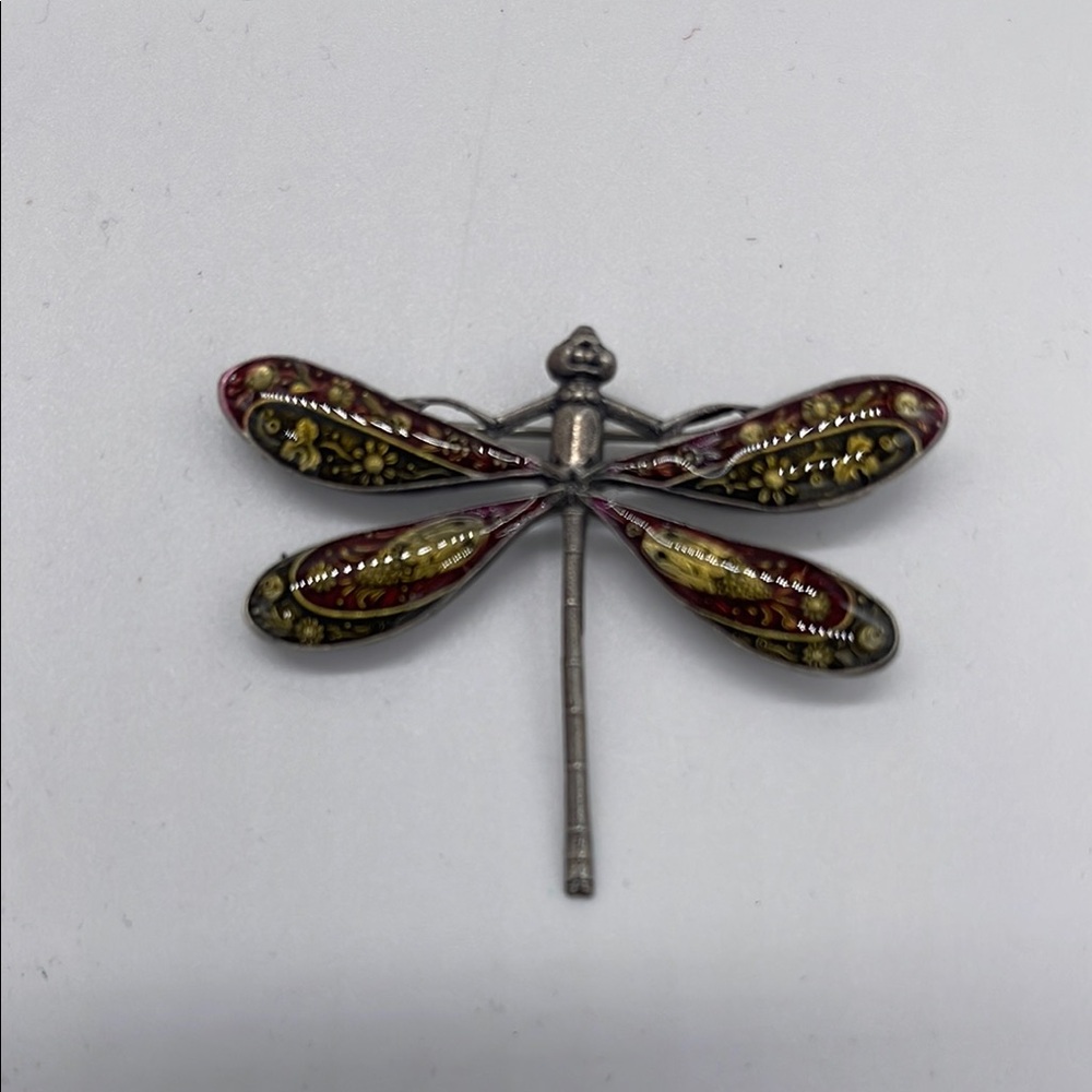 Elegant Dragonfly Brooch in Red and Gold